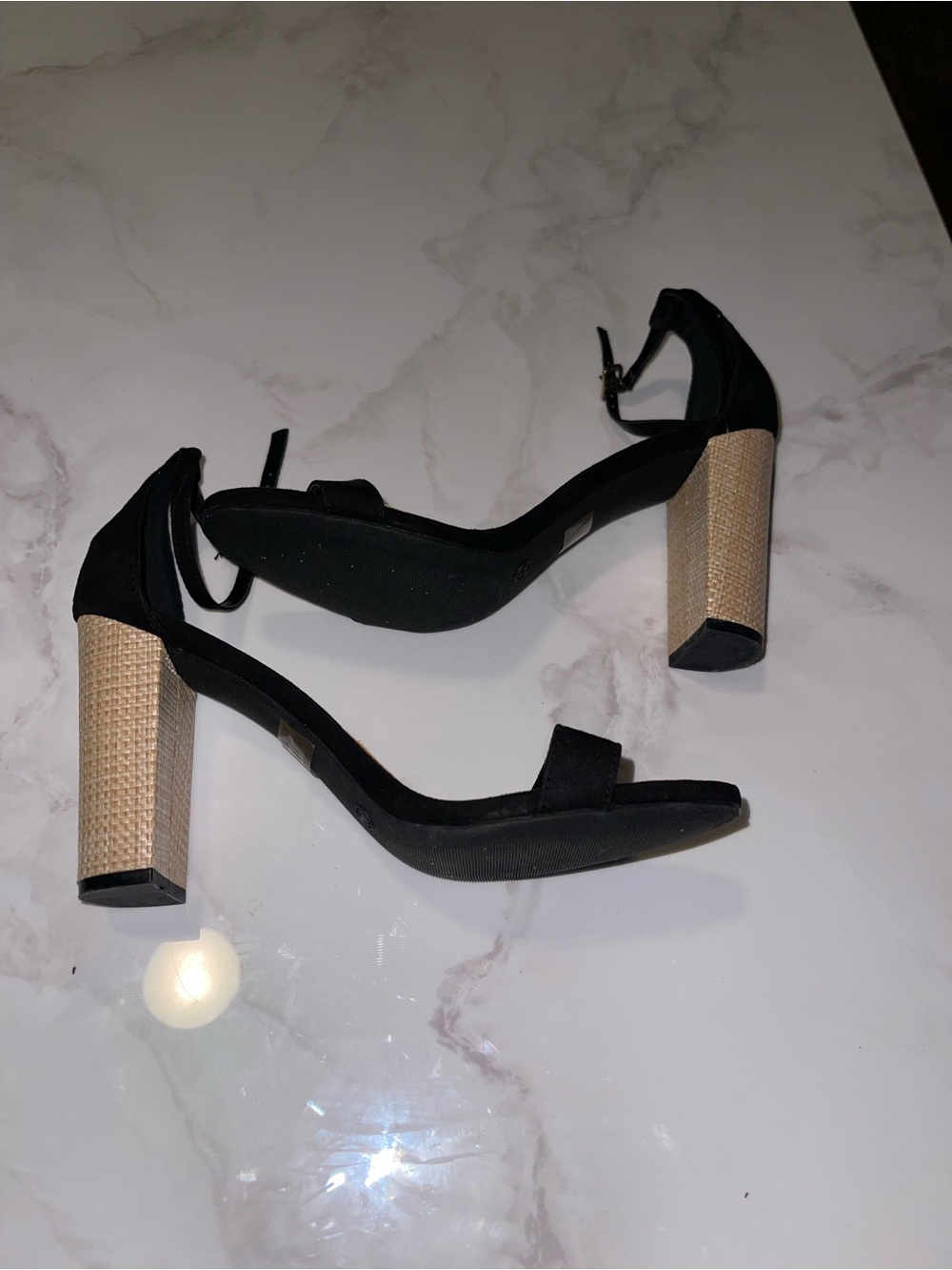 Black Ankle-Strap Block Heels with Woven Natural Heel
